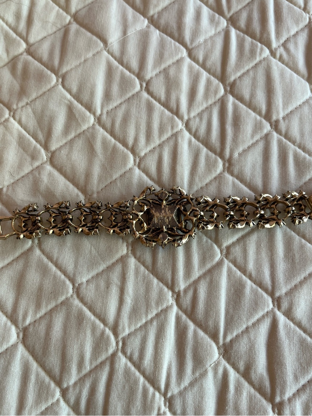 Vintage Antiqued Gold Tone Statement Bracelet with Red Rhinestone and Pearls - Picture 7 of 7